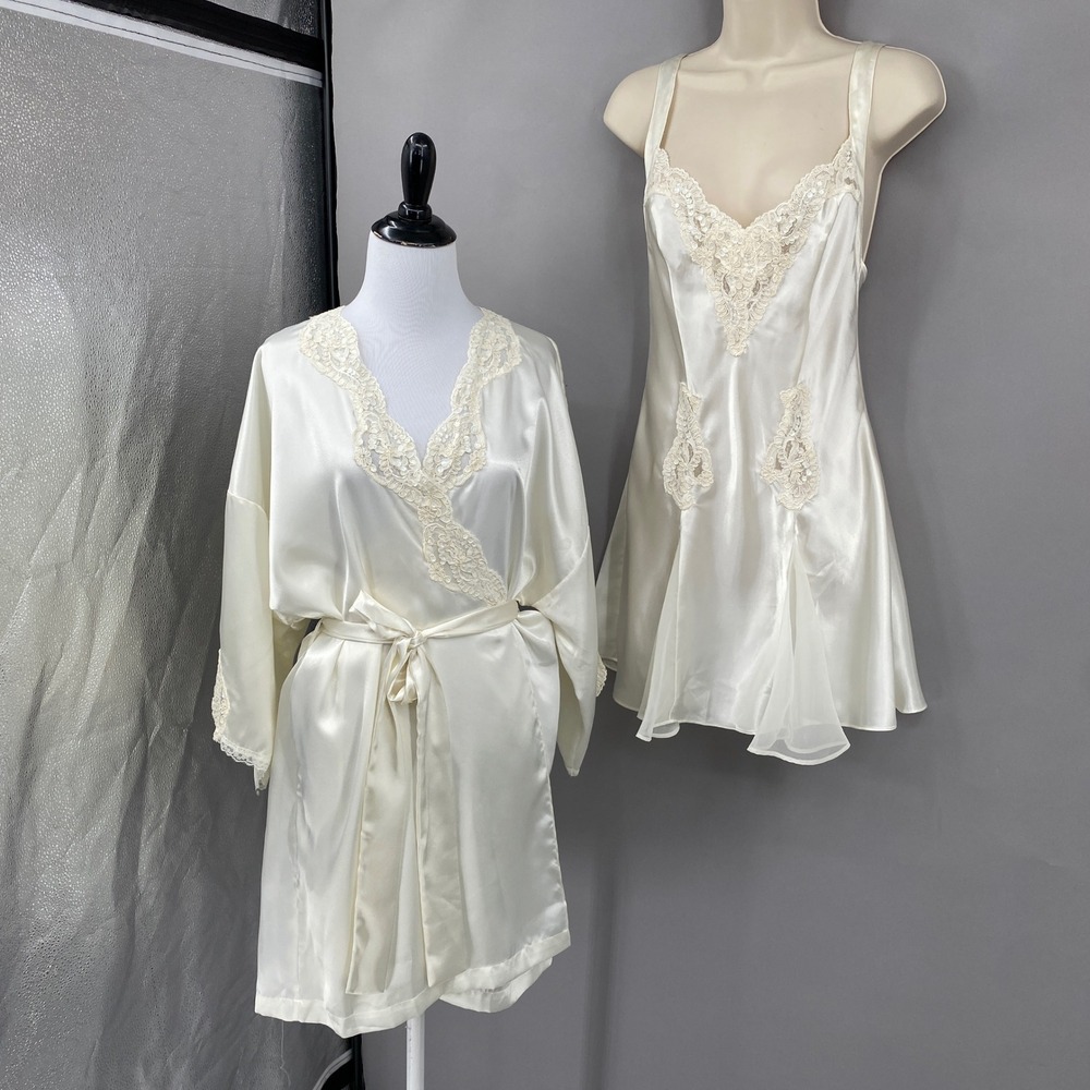 Vintage 90s Victoria's Secret Robe Slip Dress Set Small Ivory Satin Lace Sequin